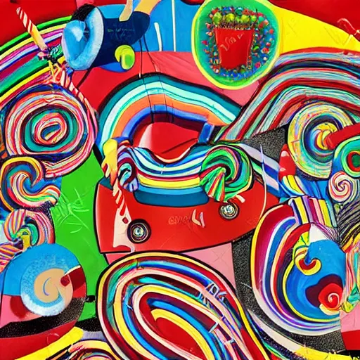 Prompt: candy land collage in the style of Klaus Voormann, 1960s illustration, high quality, peppermint motif