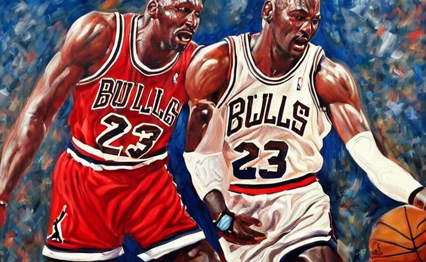 Prompt: beautiful painting of Michael Jordan!!!! playing basketball, NBA Finals, oil painting, masterpiece, highly detailed and ultra realistic, trending on artstation