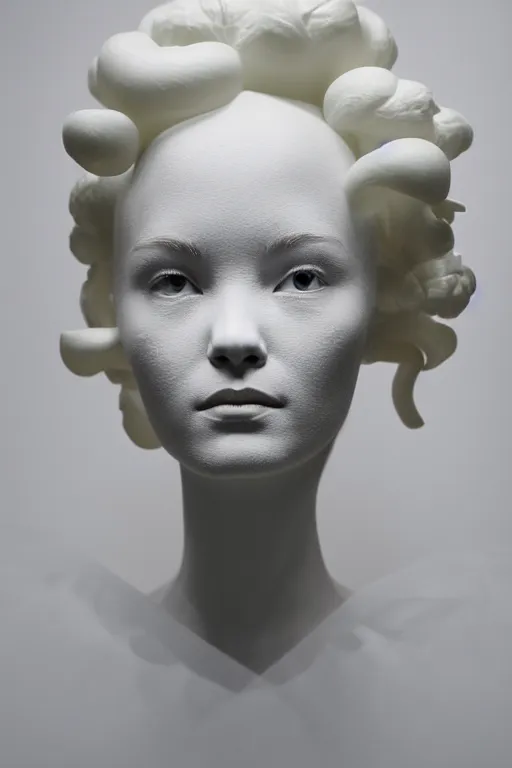 Prompt: full head and shoulders, beautiful female white, porcelain sculpture, jewellery designed by bjork, by daniel arsham and james jean, on a white background, delicate facial features, white eyes, white lashes