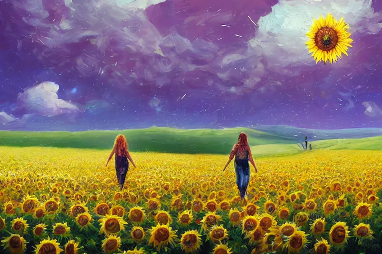 Image similar to giant sunflower as a head, girl walking in daisy field, hills, surreal photography, dark night, star trails, dramatic light, impressionist painting, clouds, digital painting, artstation, simon stalenhag