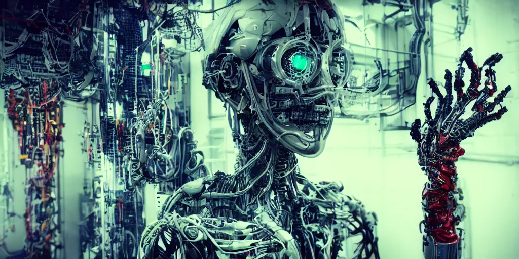 Image similar to cyborg in the data center, wired to the equipmen, red biomechanical details, wearing epic bionic cyborg implants, inflateble shapes, masterpiece, intricate, biopunk, highly detailed, artstation, concept art, cottage core, cinematic focus, polaroid photo, bleached, vintage, high - key lighting, soft lights, foggy, by tarkovsky, 8 k