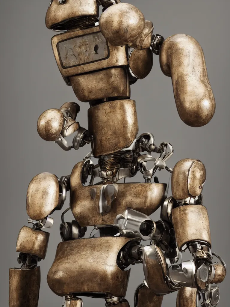 Image similar to a glazed ceramic sculpture of a robot at the moment it gains sentience, emotional, sitting on an old wooden desk, high quality photograph, studio lighting, sigma 8 5 mm f / 8