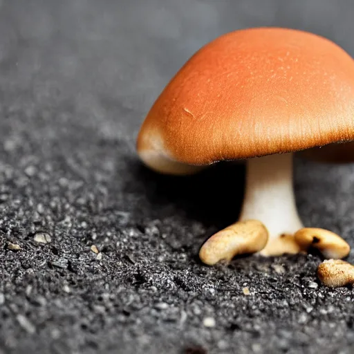 Image similar to macro photo with a mushroom character with cute eyes, 8K, highly detailed