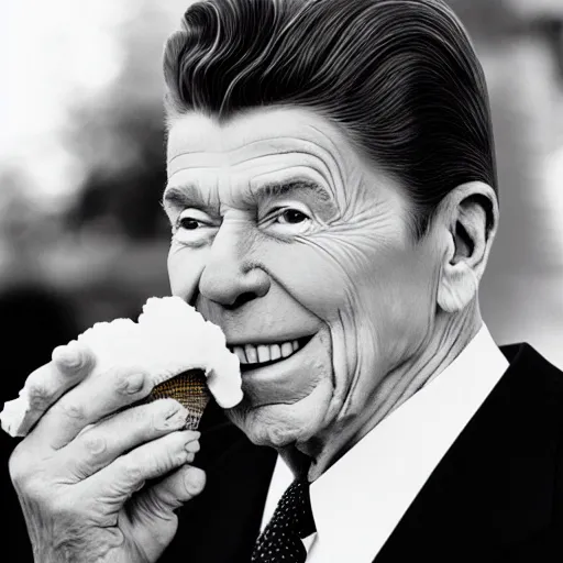 Image similar to ronald reagan enjoying an ice cream cone, monochrome 4 k