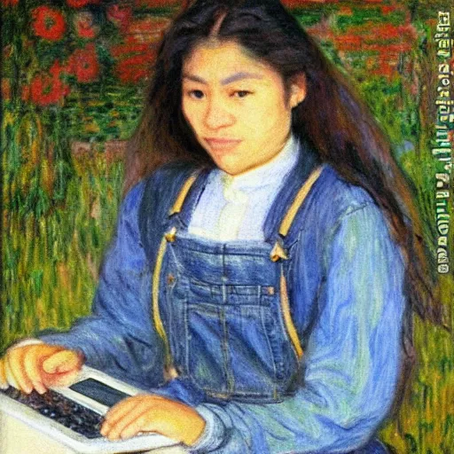 Image similar to philipino young woman with jeans overalls typing on laptop by monet