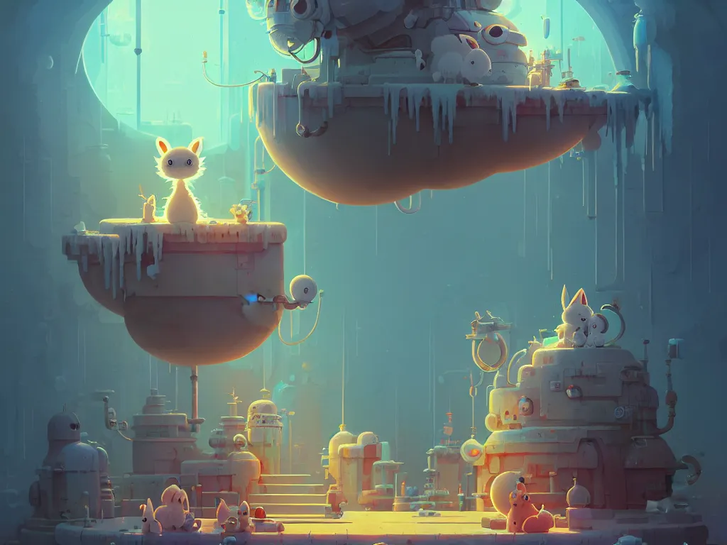 Image similar to collection of cute animals in cryochambers, moody :: studio ghibli, beeple and James Gilleard and Justin Gerard :: ornate, dynamic, particulate, rich colors, intricate, elegant, highly detailed, centered, artstation, smooth, sharp focus, octane render, 3d