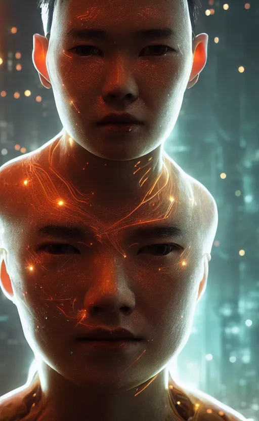 Image similar to an intricate, detailed face of a asian boy, skin made of electronic glowing circuits with laserbeams transporting energy, ferrofluids in background, unreal engine, trending on artstation, bladerunner 2049