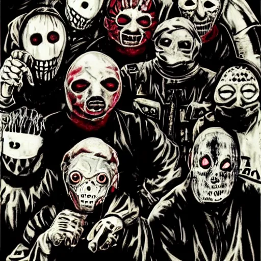 Image similar to slipknot band in the style of dorohedoro