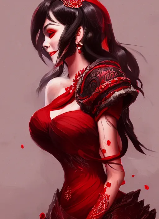 Image similar to a highly detailed illustration of hime cut black haired woman wearing red dress, dramatic smiling pose, intricate, elegant, highly detailed, centered, digital painting, artstation, concept art, smooth, sharp focus, league of legends concept art, wlop