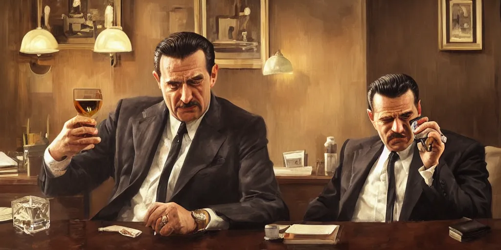 Image similar to beautiful oil matte portrait painting, mafia boss drinking whiskey at his 5 0 s new york office desk, wonderful masterpiece highly detailed, beautiful cinematic light deep focus, elegant, digital painting, smooth, sharp focus, golden ratio, dramatic illumination, ultra realistic, 8 k, art by jimmy law