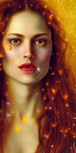 Prompt: a totally amazed smiling pretty woman surrounded by golden firefly lights in a mesmerizing scene, fully covering intricate detailed bohemian outfit, long loose red hair, precise linework, accurate green eyes, small nose with freckles, beautiful smooth oval head, expressive emotions, hyper realistic ultrafine portrait by artemisia gentileschi, jessica rossier, greg rutkowski, artgerm