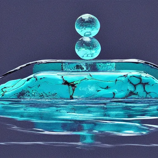 Prompt: a small turquoise color liquid water sculpture is a corvette, hybrid, viscous, reflective, monochromatic, digital art