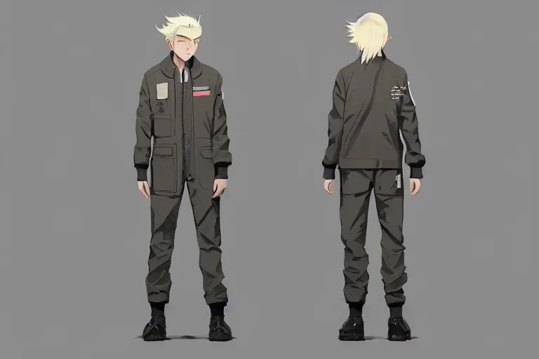 Prompt: character sheet of handsome young man wearing ma - 1 flight suit jacket and work pants, blonde hair, by greg rutkowski and studio ghibli, digital art, trending on artstation, highly detailed, concept art, beautiful, masterpiece