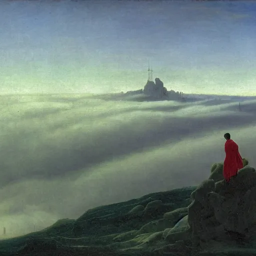 Image similar to wanderer above the sea of fog, but over the pits of hell syle of caspar david friedrich