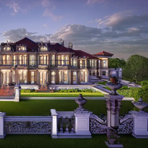 Prompt: a photorealistic and highly detailed 3 d rendering of a luxurious mansion or estate, with finely manicured gardens and a grand entrance