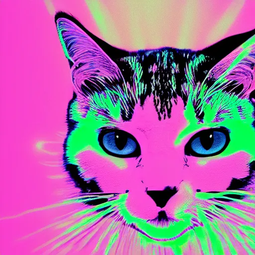 Image similar to cat head, portrait, vaporwave, synthwave, neon, vector graphics, vector art, sharp, crisp, clean, cinematic, volumetric lighting, f 8 aperture, cinematic eastman 5 3 8 4 film, lightning in background