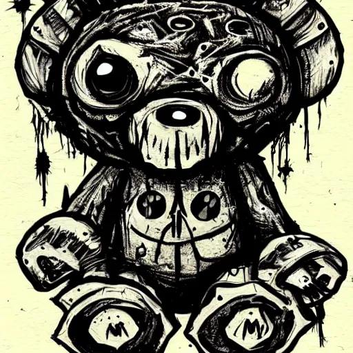 Image similar to dark art grunge drawing of a teddy bear with bloody eyes by - invader zim, loony toons style, horror theme, detailed, elegant, intricate