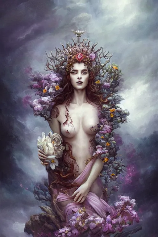 Image similar to portrait matte fine art of the beauty goddess catriona balfe, she has a crown of stunning flowers and gemstones, background full of stormy clouds, by peter mohrbacher