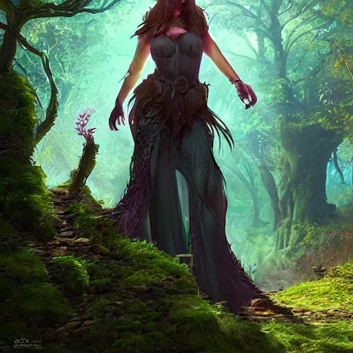 Prompt: Beautiful art portrait of a female fantasy sorceress in a dark mystical fantasy ruin surrounded by lush spring time forest ,masterpiece, trending on artstation, unreal 5, DAZ, hyperrealistic, octane render, dungeons and dragons, dynamic lighting