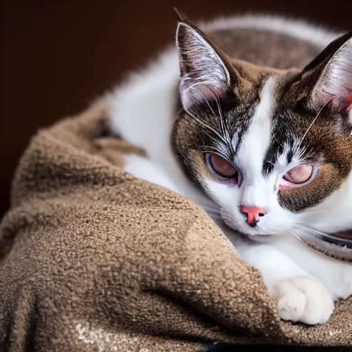 Prompt: snowshoe cat sleeping on a human's lap, wide angle shot, high resolution, cinematic lighting, glitter falling from the top of the photograph,