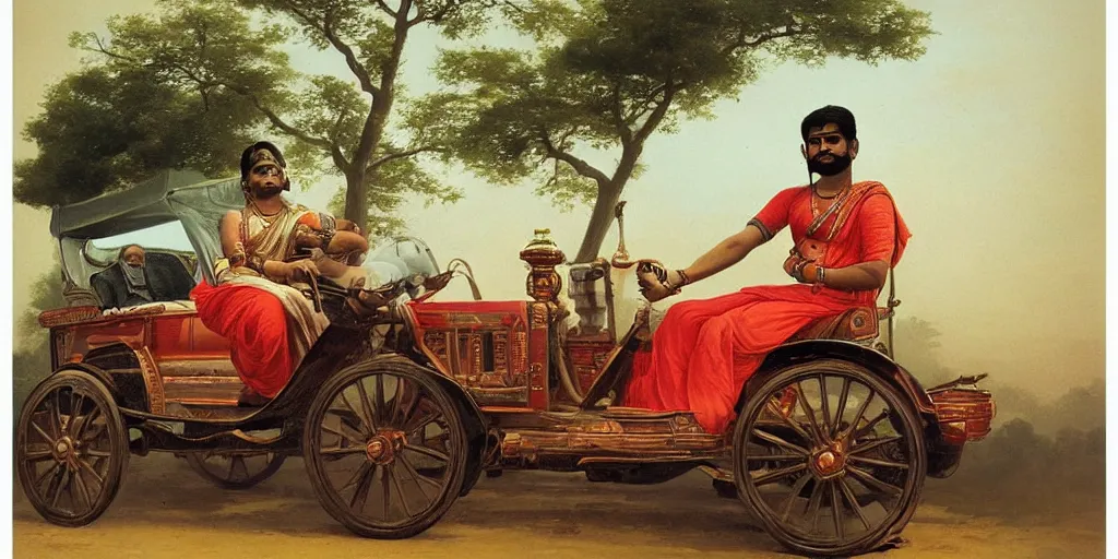 Image similar to man driving a car in the style of raja ravi varma, ultra detailed, high detail, realism,