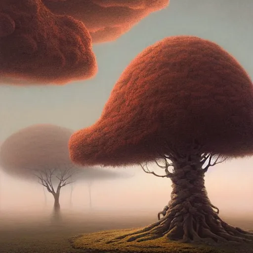 Image similar to beautiful hyperrealistic detailed matte landscape of a the mysterious last tree on earth, cyberpunk tree, summer, on the morning, by zdzisław beksinski and artem demura and john howe, featured on artstation, featured on behance, golden ratio, ultrawide angle, f 3 2, well composed, cohesive