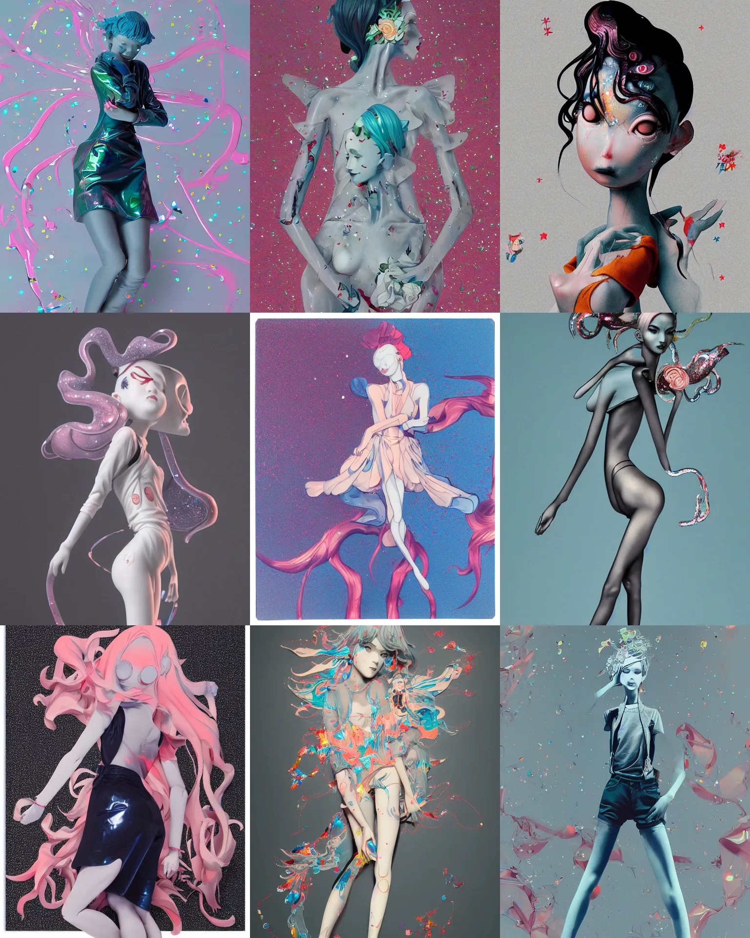 Prompt: james jean isolated vinyl figure cheerful tomboy, figure photography, dynamic pose, holographic undertones, glitter accents on figure, anime stylized, accurate fictional proportions, high delicate defined details, ethereal lighting