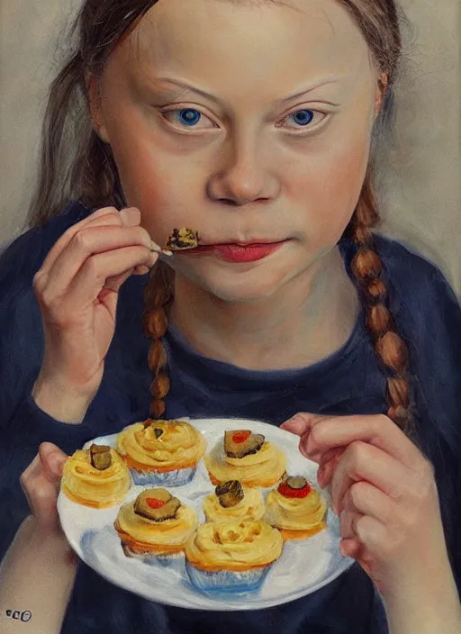 Prompt: greta thunberg eating cakes painted by otto dix, detailed digital art, trending on Artstation