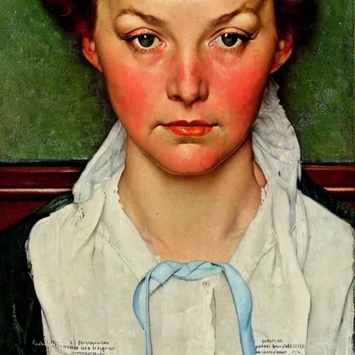 Prompt: Frontal portrait of a woman with bright solid colored eyes, no pupils. Painting by Norman Rockwell.