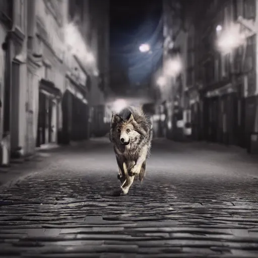 Image similar to an anthropomorphic male wolf running in the streets, night, rain, cinematic, photograph, volumetric lighting, f 8 aperture, cinematic eastman 5 3 8 4 film, photorealistic