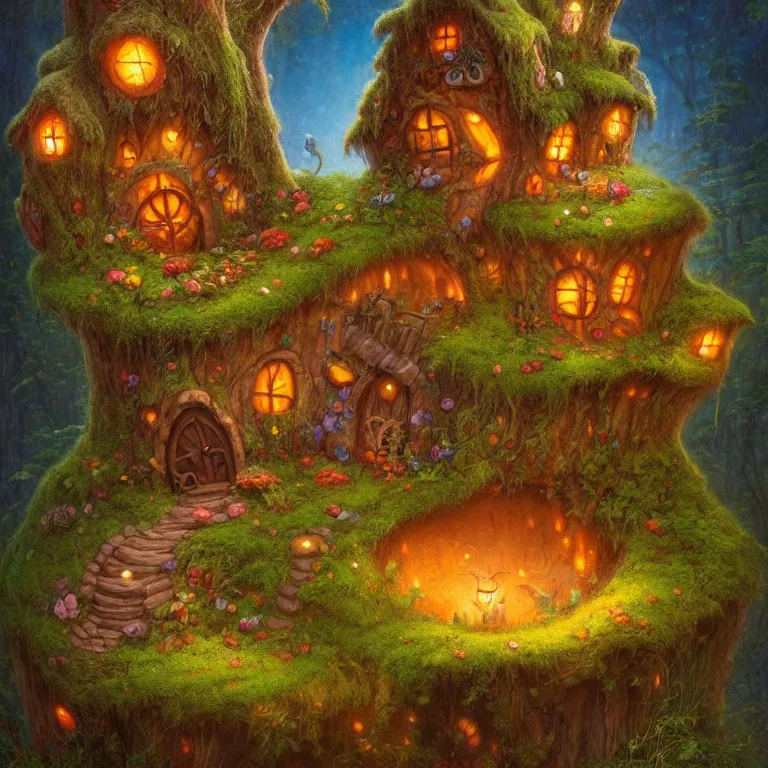 Prompt: faerie house made from a stump by Justin Gerard, whimsical, 4k