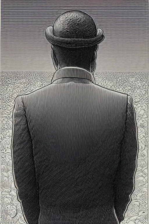 Prompt: a vibrant ultraclear sideview waist up portrait of anonymous blockchain hacker by rene magritte, etching by gustave dore, by laurie greasley, colorful flat surreal, ethereal, intricate, sharp focus, illustration, highly detailed, digital painting, concept art, masterpiece