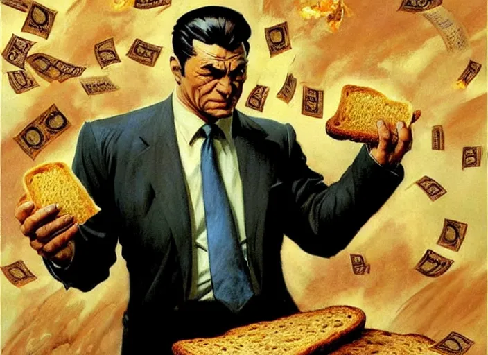 Prompt: magic : the gathering fantasy character concept art of the great businessman by frank frazetta, high resolution. a clear portrait of powerful, business man wearing a business suit, holding a wad of money made out of bread, magical bread and toast money swirling around, fantasy coloring, intricate, digital painting, artstation, smooth, sharp focus