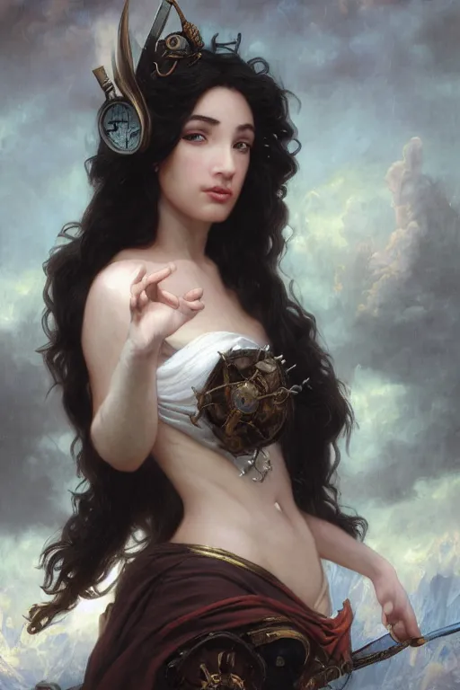 Image similar to a fantasy comic book style portrait painting of a beautiful woman with pale skin and long black hair, mystical valkyrie, francois boucher, oil painting, unreal 5, hyperrealistic, octane render, regal, refined, detailed digital art, rpg portrait, william - adolphe bouguereau, michael cheval, walt disney, steampunk, dynamic lighting, highly detailed, unreal engine