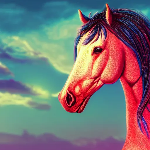 Prompt: digital horse, pretty horse, retrowave palette, highly detailed, anatomically correct equine, synth feel, smooth face, ear floof, flowing mane, no reins, super realism, accurate animal imagery, 4 k, digital art