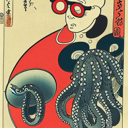 Prompt: an octopus watching a man wearing sunglasses using a computer, ukiyo-e by Utagawa Kuniyoshi