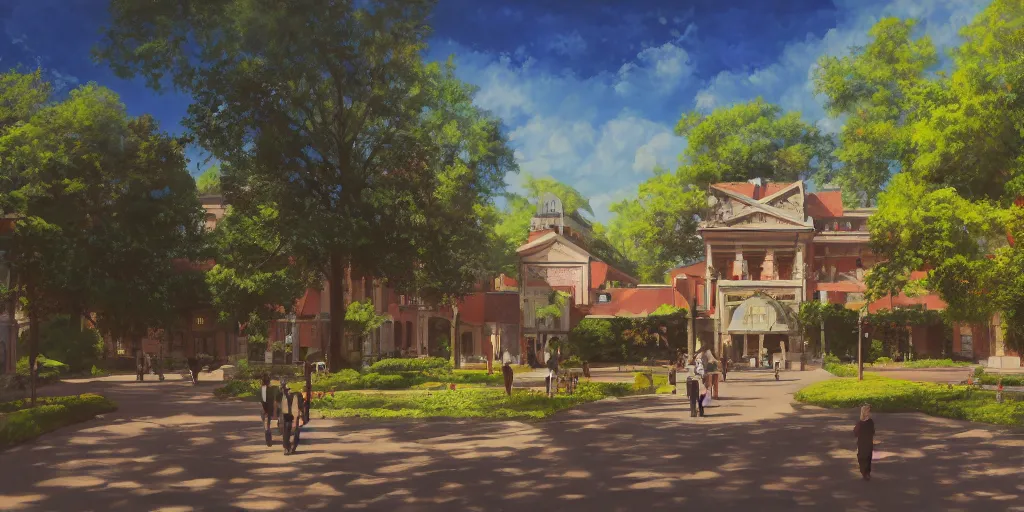 Image similar to a university campus, cinematic angle, studio Ghibli, cinematic lighting, detailed oil painting, hyperrealistic, 8k