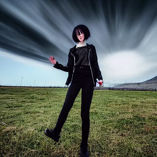 Image similar to 1 7 - year - old pale - skinned anime girl with black long bob cut, long bangs, black gothic jacket, black jeans, flying through sky, jumping through clouds, late evening, blue hour, cirrus clouds, pearly sky, ultra - realistic, sharp details, subsurface scattering, blue sunshine, intricate details, hd anime, 2 0 1 9 anime