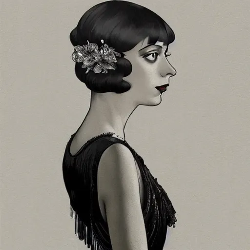 Image similar to full figure ultra realistic illustration, angela sarafyan wearing a 1 9 2 0 s flapper dress, 1 9 2 0 s hair, 1 9 2 0 s brooklyn, intricate, elegant, highly detailed, digital painting, artstation, concept art, smooth, sharp focus, illustration, art by artgerm and greg rutkowski and alphonse mucha