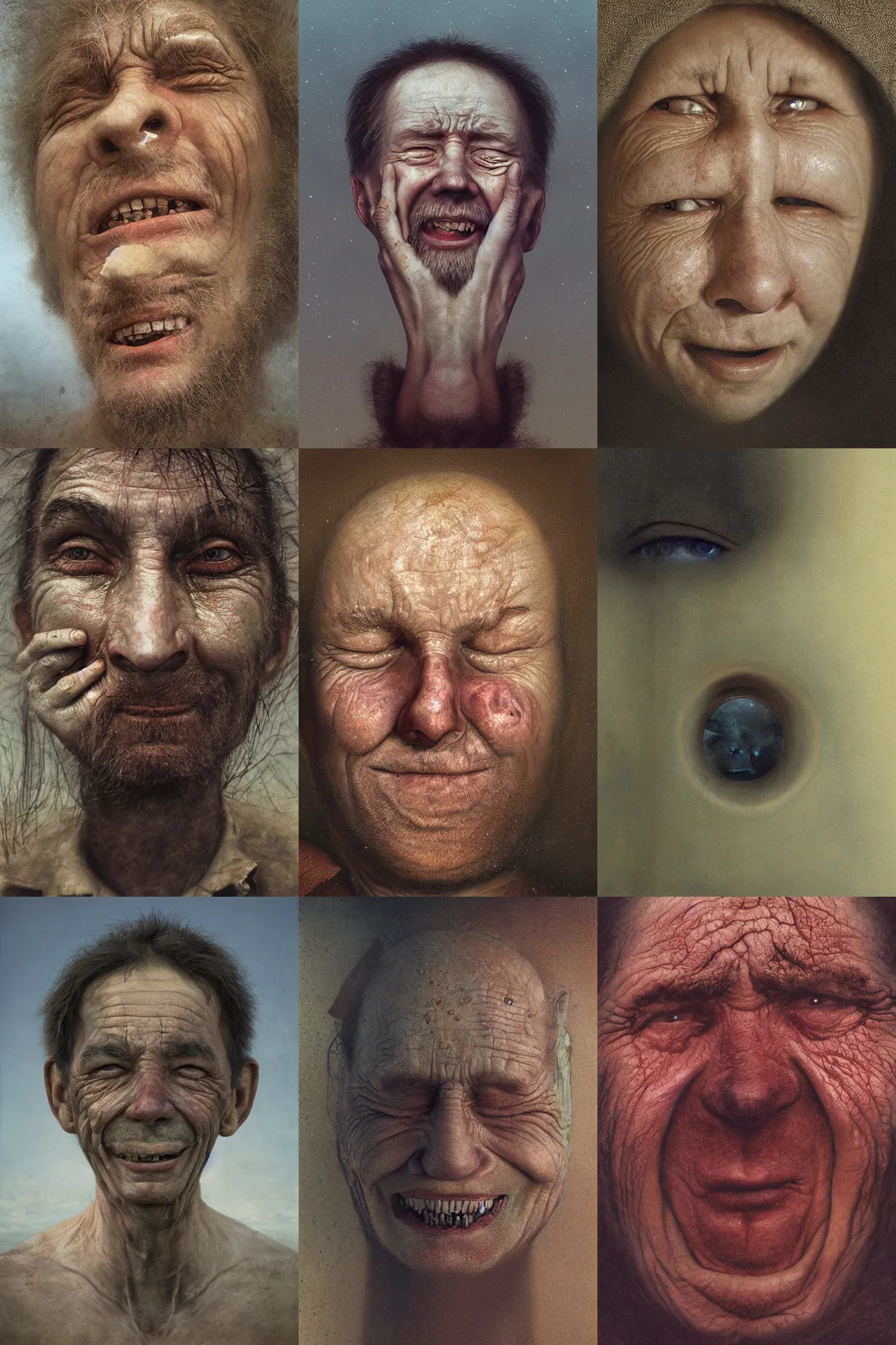 Prompt: close-up face portrait of a human crying and smiling, Les Edwards, Zdzislaw Beksinski, Carl Gustav Carus, John Harris, Michal Karcz, Zhang Kechun, Mikko Lagerstedt, Scott Listfield, Steven Outram, Jessica Rossier