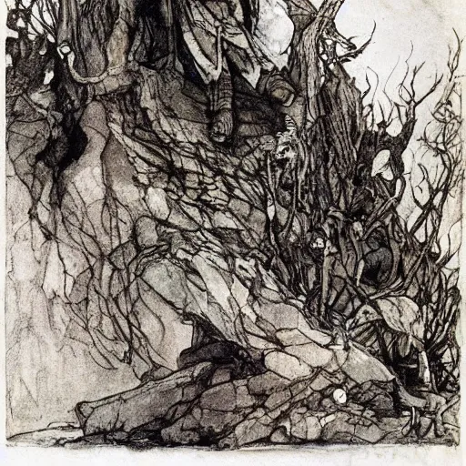 Image similar to Things fall apart the centre cannot hold mere anarchy is loosed upon the world, painted by Arthur Rackham