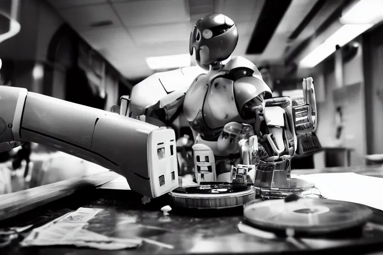 Prompt: highly detail cinematic picture of a robot eating a floppy disk for breakfast