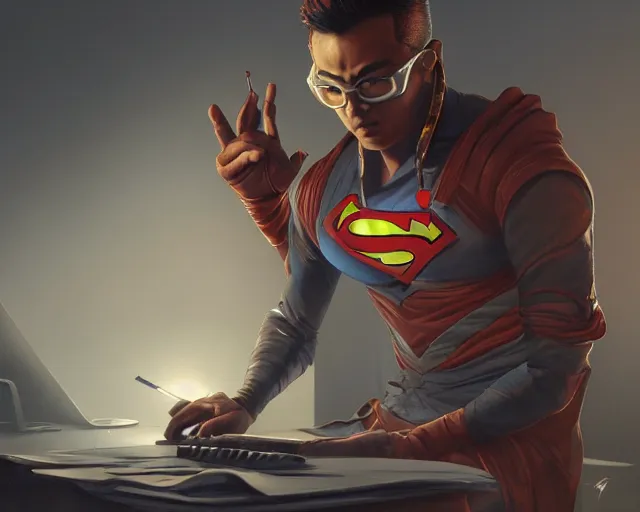 Image similar to an insanely detailed painting of a nerdy asian man wearing a superhero costume, sitting at a desk, staring at the nervously at the computer and typing, in the style of peter mohrbacher, dramatic lighting and composition, octane render, pixar, trending on artstation, concept art, comic book, view from behind