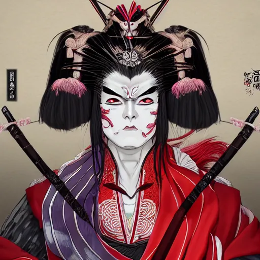 Image similar to an epic portrait of insane kabuki wielding a spear while striking a pose, magical aura of insanity driving beasts insane, intricate hakama, red wig, detailed face with crossed eyes, high energy, trending on artstation, detailed concept art,