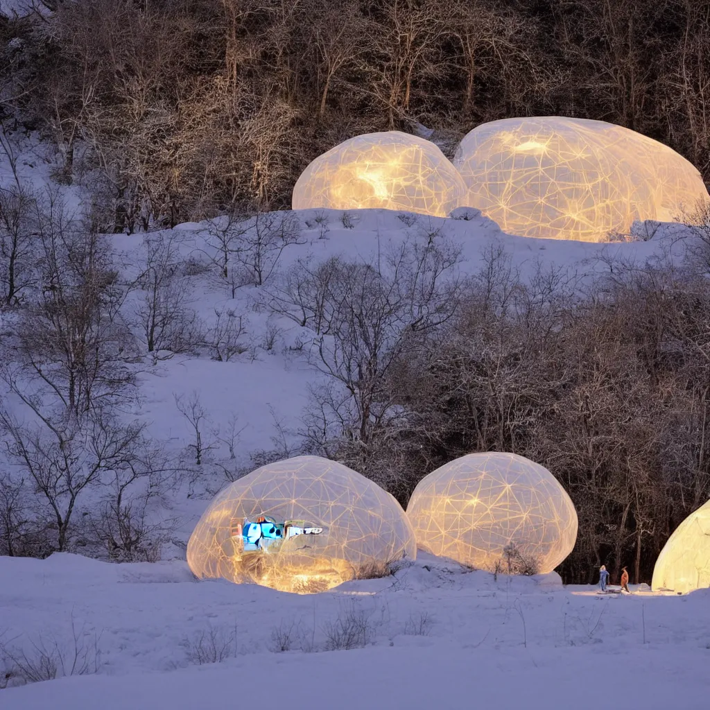 Prompt: A night photo of a glowing inflatable geodesic house made of clear plastic sheeting. Zoomed-in, close-up detailed shot with wide angle lens. The inflated bubble house in the mid-ground.The bubble house glows from within with warm light. In the foreground, A family is playing in the snow. The inflated bubble house is at the edge of a snowy winter forest. Coronarender, 8k, photorealistic