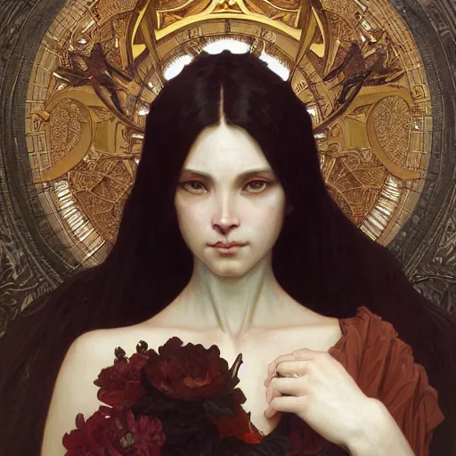 Image similar to portrait of a demon, intricate, elegant, highly detailed, digital painting, artstation, concept art, smooth, sharp focus, illustration, art by artgerm and greg rutkowski and alphonse mucha and william - adolphe bouguereau