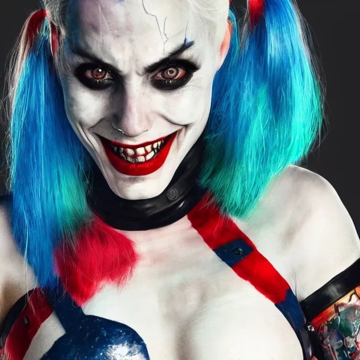 Image similar to portrait of Melanie C as a harley quinn in Suicide Squad. intricate artwork. by wlop, octane render, trending on artstation, very coherent symmetrical artwork. cinematic, hyper realism, high detail, octane render, 8k