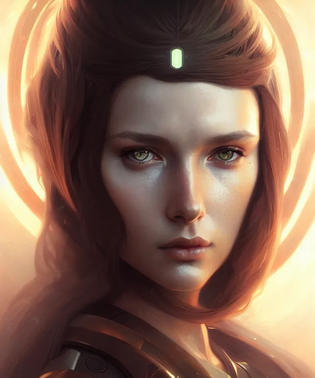 Image similar to futuristic young woman portrait, sci-fi, amber eyes, face, long hair, fantasy, intricate, elegant, highly detailed, digital painting, artstation, concept art, smooth, sharp focus, illustration, art by artgerm and greg rutkowski and alphonse mucha