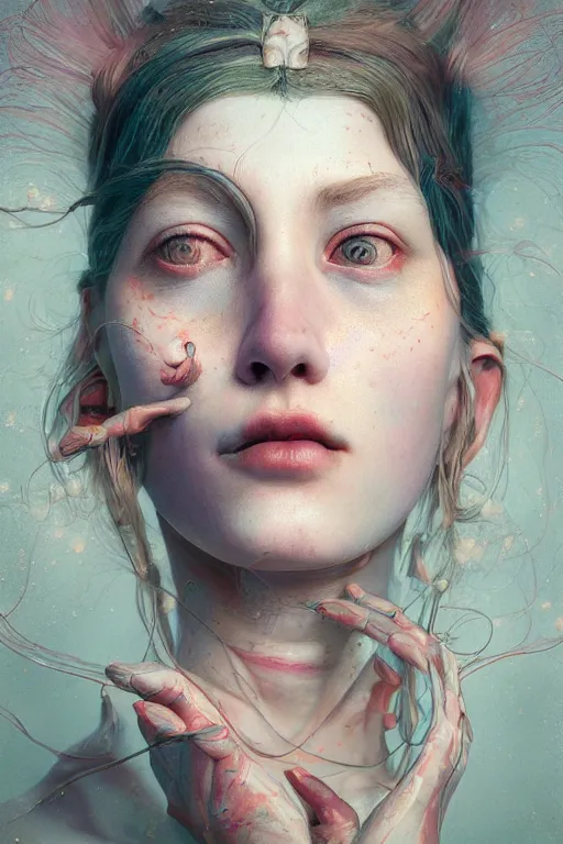 Image similar to A surreal painting causing skewed and negative outcomes in this gorgeous female portrait, in the style of James jean, Brian froud, ross tran, realistic 3D, digital art, insanely detailed, octane render, unreal engine, hyper-realistic, super detailed