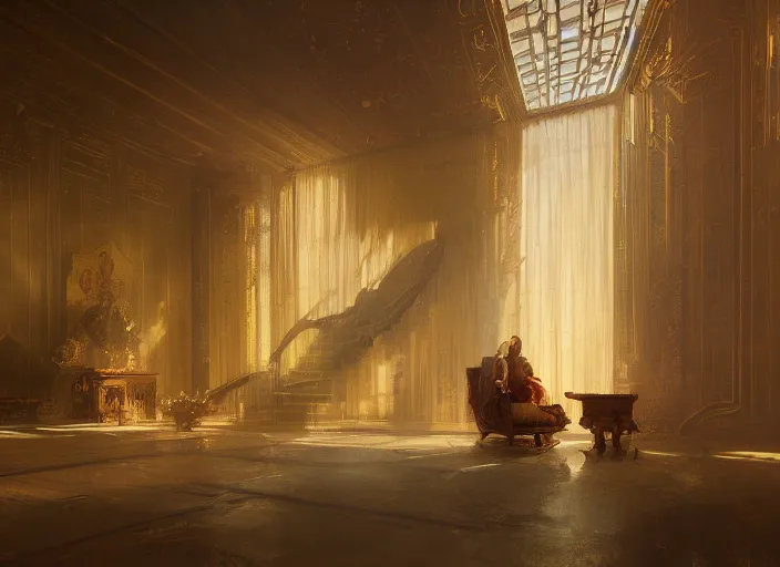 Prompt: new golden house interior with throne volumetric lighting, digital painting, highly detailed, artstation, sharp focus, illustration, concept art, ruan jia, steve mccurry, amazing composition